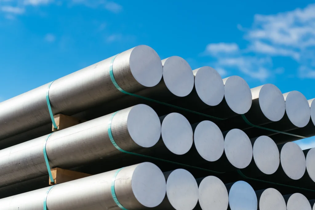 Several large aluminum billets bound together on pallets.