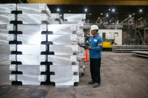 A worker in a hard hat and safety gear inspects large stacked metal slabs in an industrial warehouse.