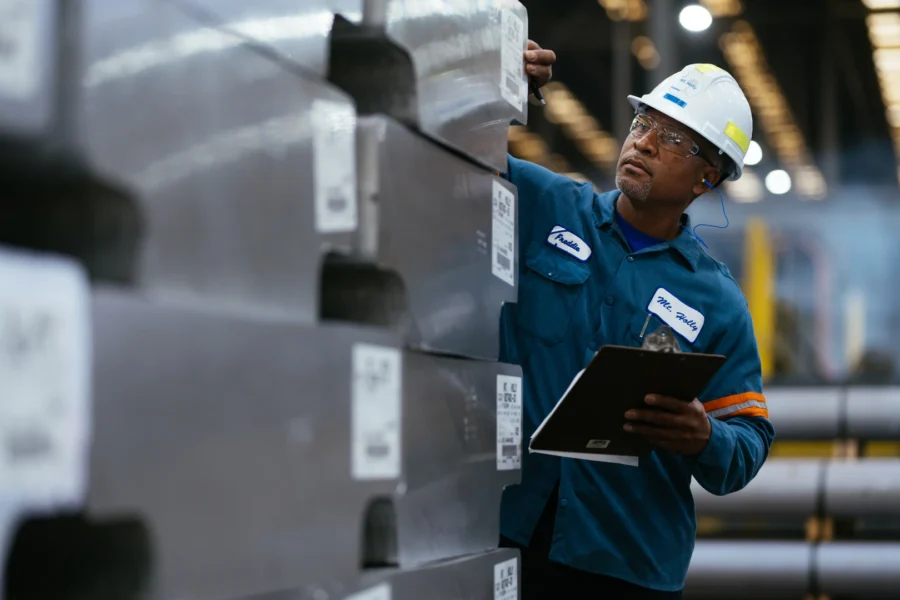 A worker in safety gear inspects and records information from labeled metal slabs in an industrial warehouse while holding a clipboard.