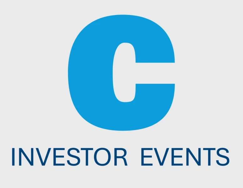 A large blue letter C above the words "INVESTOR EVENTS" in blue capital letters on a light gray background.